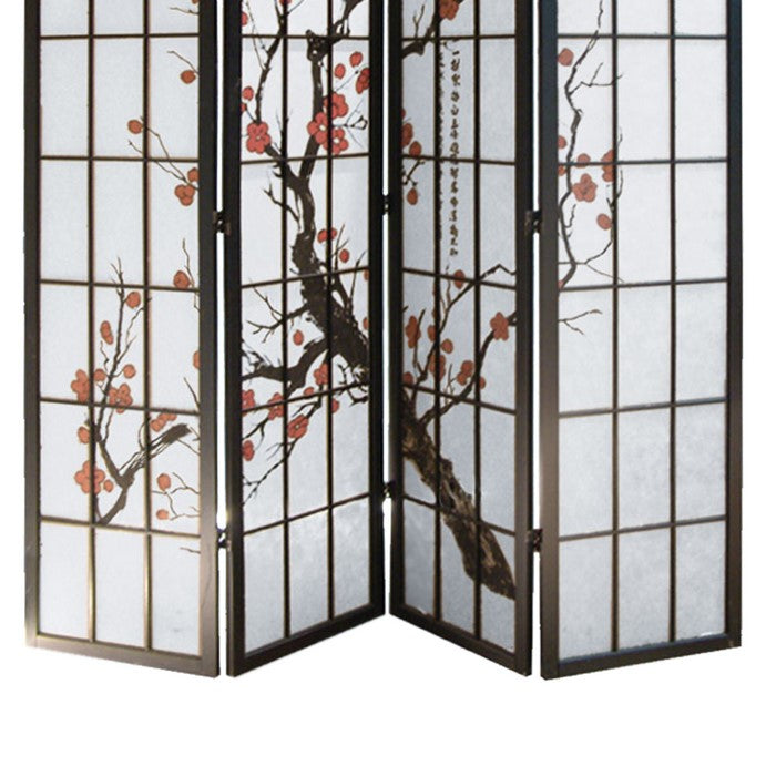 Tree and Flower Print 4 Panel Room Divider with Shoji Inserts, Red and Black