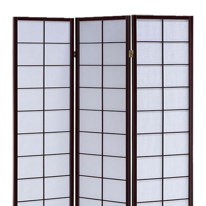 3 Panel Wooden Room Divider with Shoji Paper Inserts, White and Dark Brown