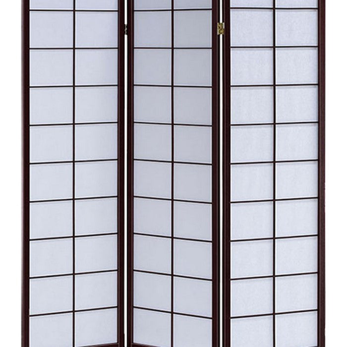 3 Panel Wooden Room Divider with Shoji Paper Inserts, White and Dark Brown