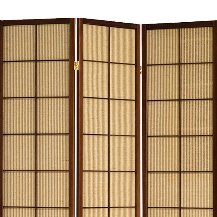 3 Panel Wooden Room Divider with Jute Inlays, Brown and Beige