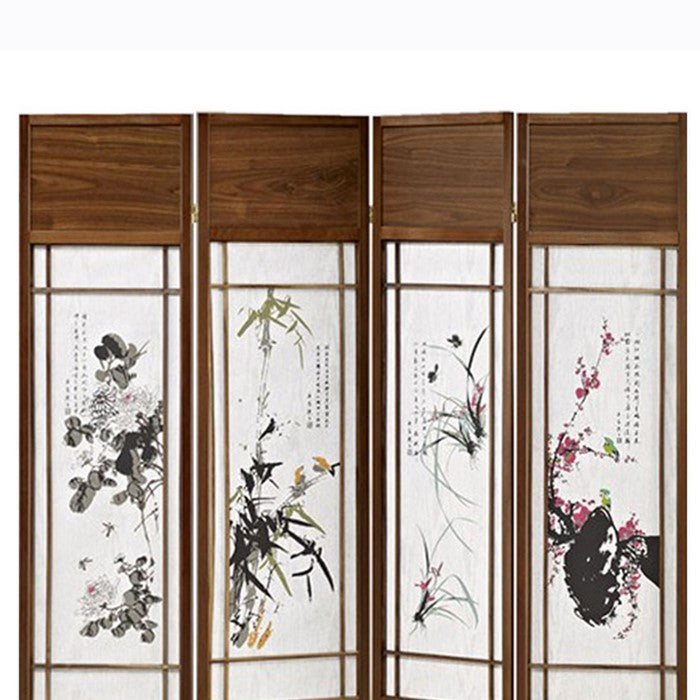 Asian Paintings 4 Panel Room Divider with Shoji Inserts, White and Brown