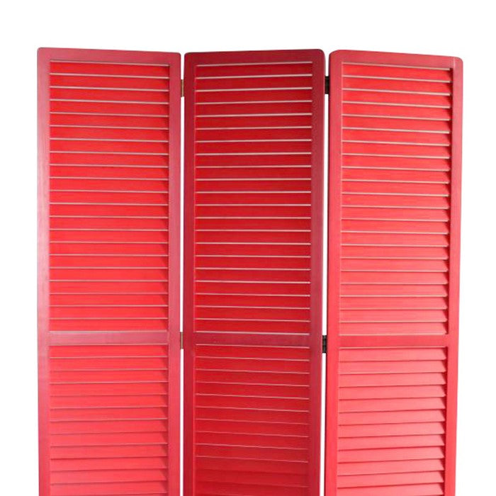 Transitional Wooden Screen with 3 Panels and Shutter Design, Red