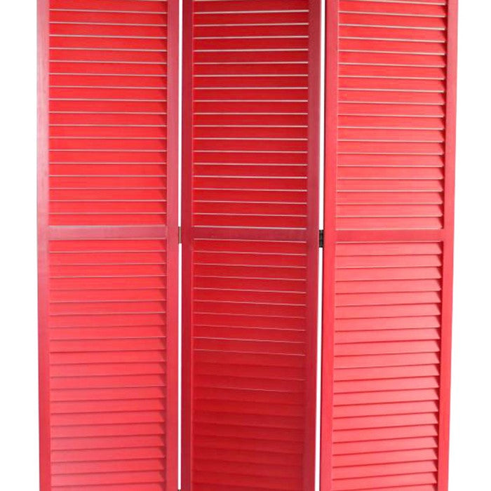Transitional Wooden Screen with 3 Panels and Shutter Design, Red