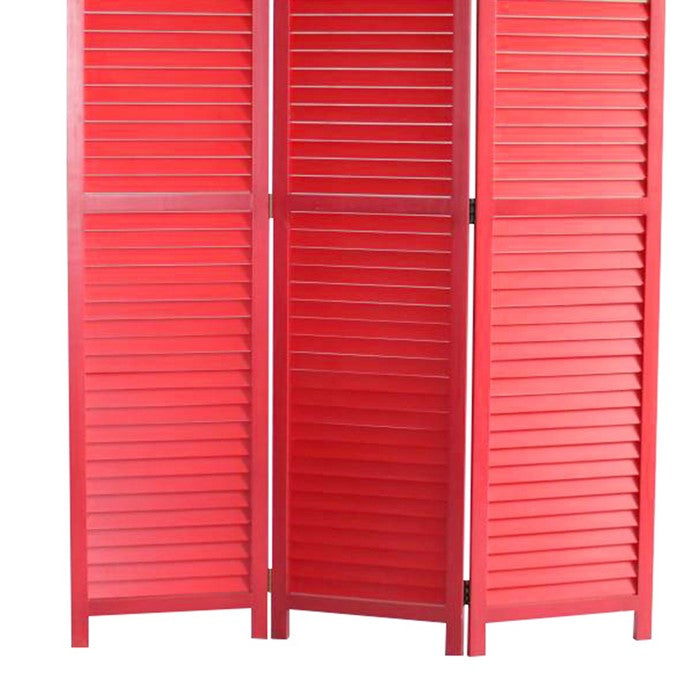 Transitional Wooden Screen with 3 Panels and Shutter Design, Red