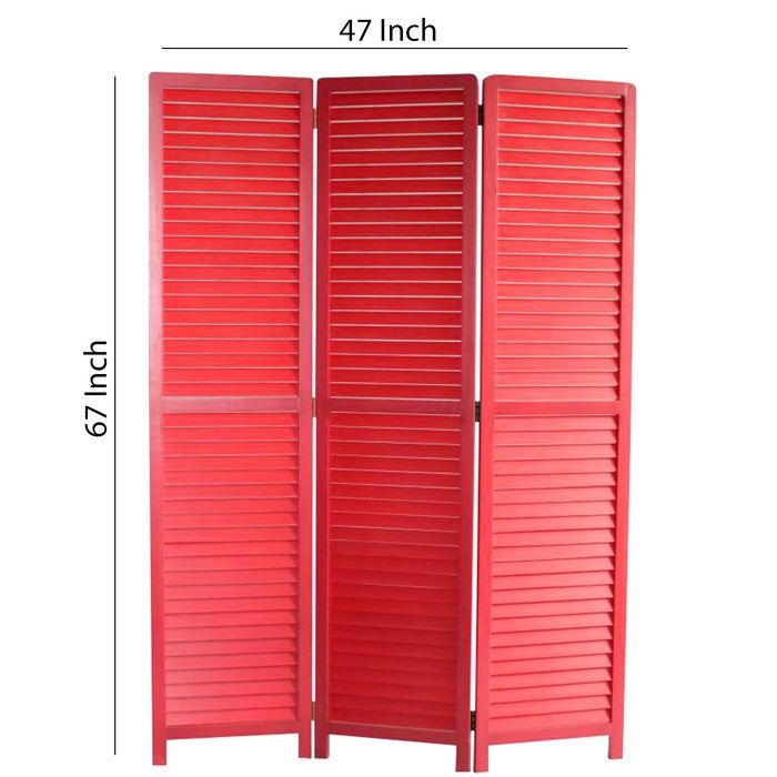 Transitional Wooden Screen with 3 Panels and Shutter Design, Red