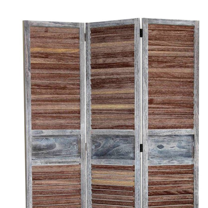 Traditional Wooden Screen with 3 Panels and Shutter Panels, Brown & Gray