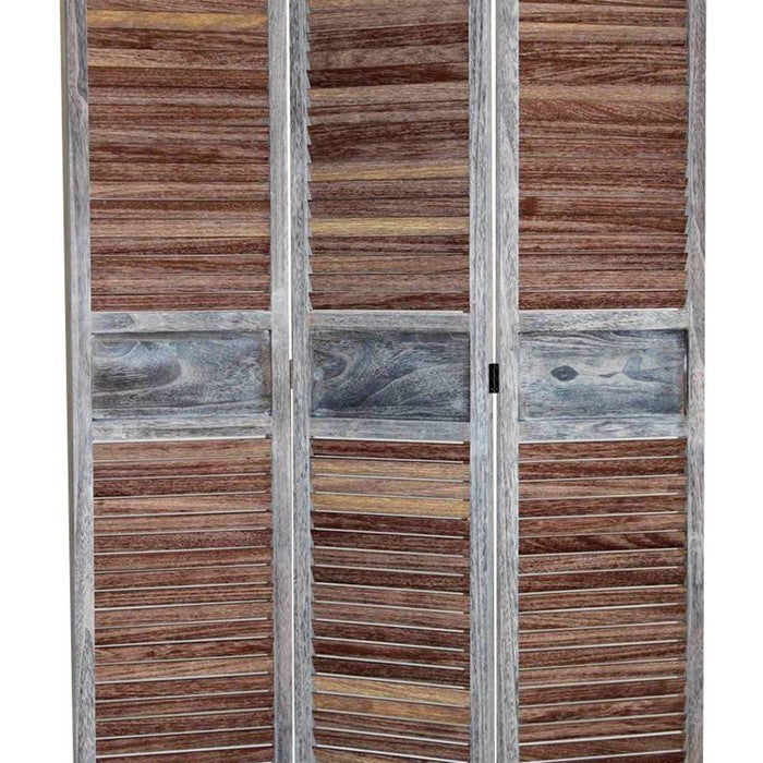 Traditional Wooden Screen with 3 Panels and Shutter Panels, Brown & Gray