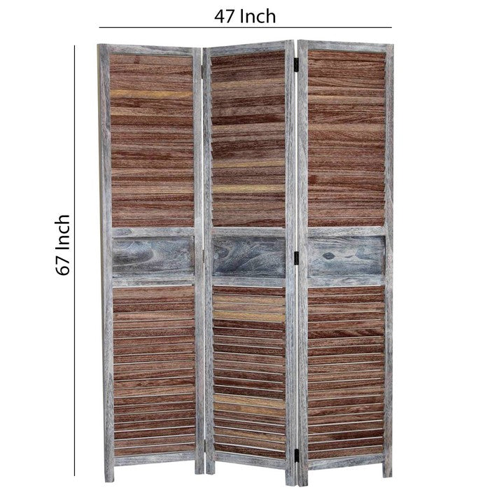Traditional Wooden Screen with 3 Panels and Shutter Panels, Brown & Gray