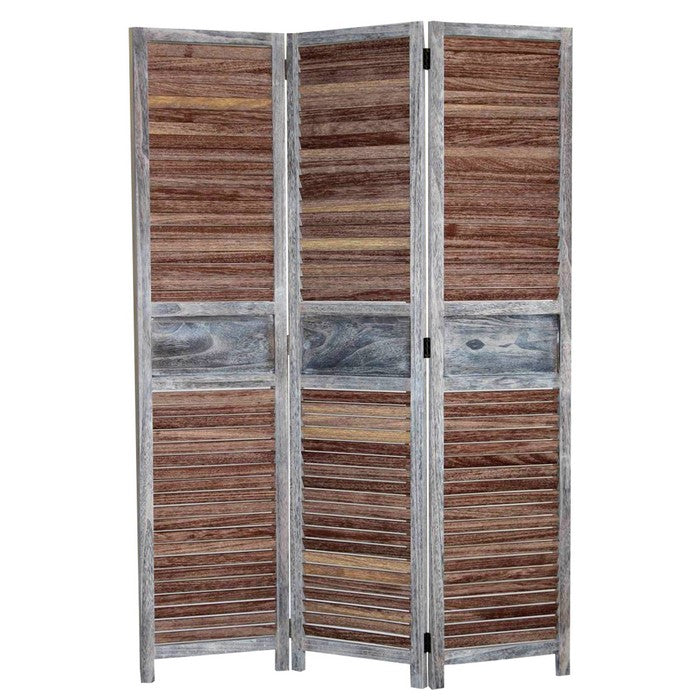 Traditional Wooden Screen with 3 Panels and Shutter Panels, Brown & Gray