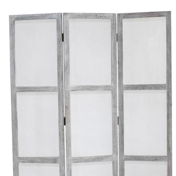 Transitional 3 Panel Screen with Wooden Frame & Fabric Panels, Gray