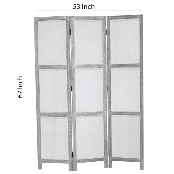 Transitional 3 Panel Screen with Wooden Frame & Fabric Panels, Gray