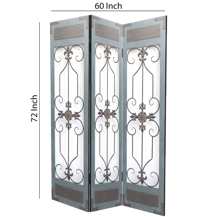 Transitional 3 Panel Screen with Iron Motif Panels, Gray