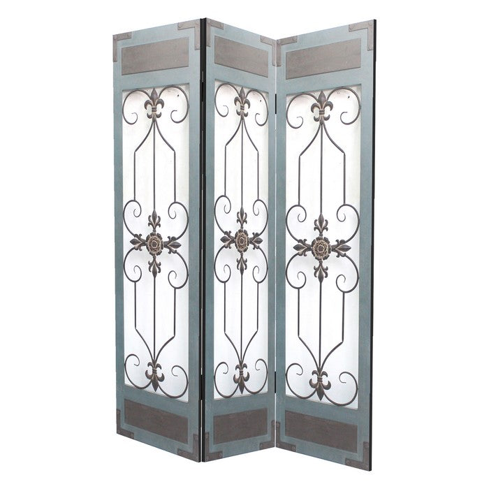 Transitional 3 Panel Screen with Iron Motif Panels, Gray