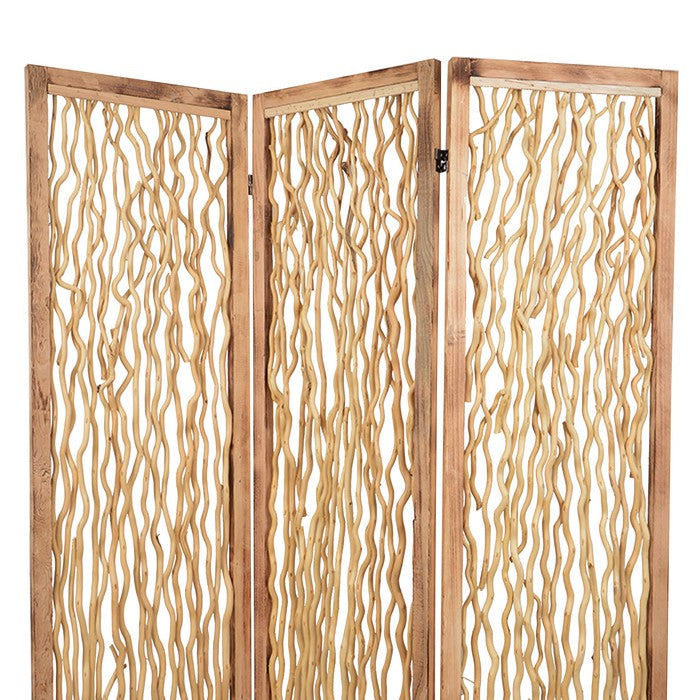 Contemporary 3 Panel Wood Screen with Vertical Branch Design, Brown