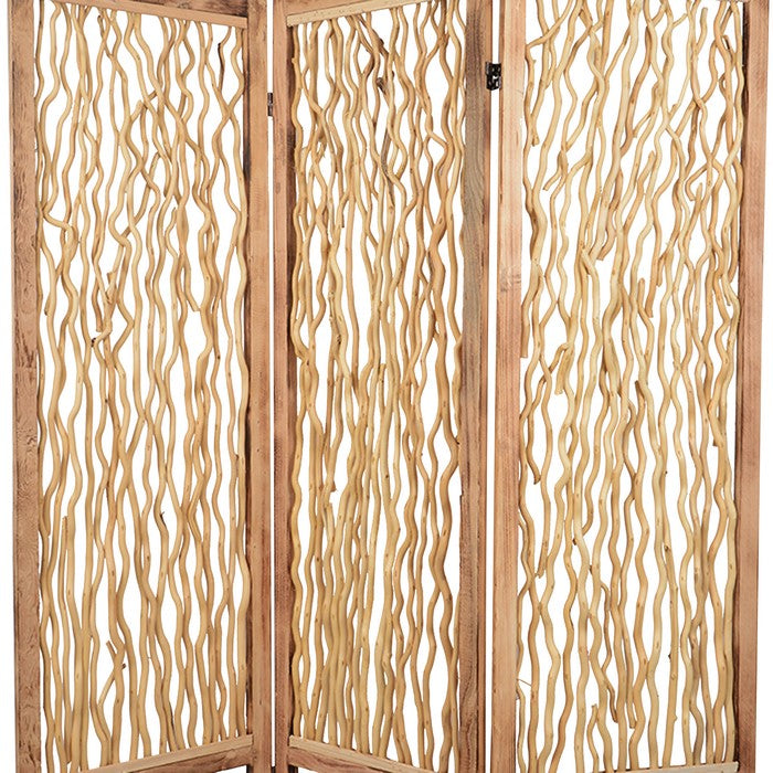 Contemporary 3 Panel Wood Screen with Vertical Branch Design, Brown