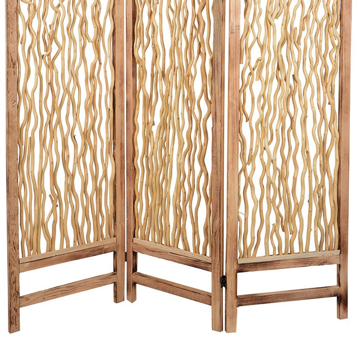 Contemporary 3 Panel Wood Screen with Vertical Branch Design, Brown