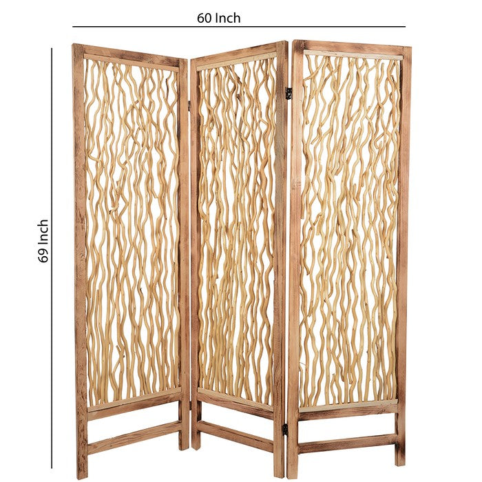 Contemporary 3 Panel Wood Screen with Vertical Branch Design, Brown