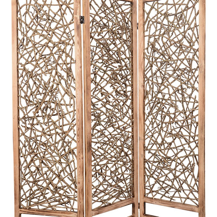 Contemporary 3 Panel Wooden Screen with Willow Branch Inset, Brown
