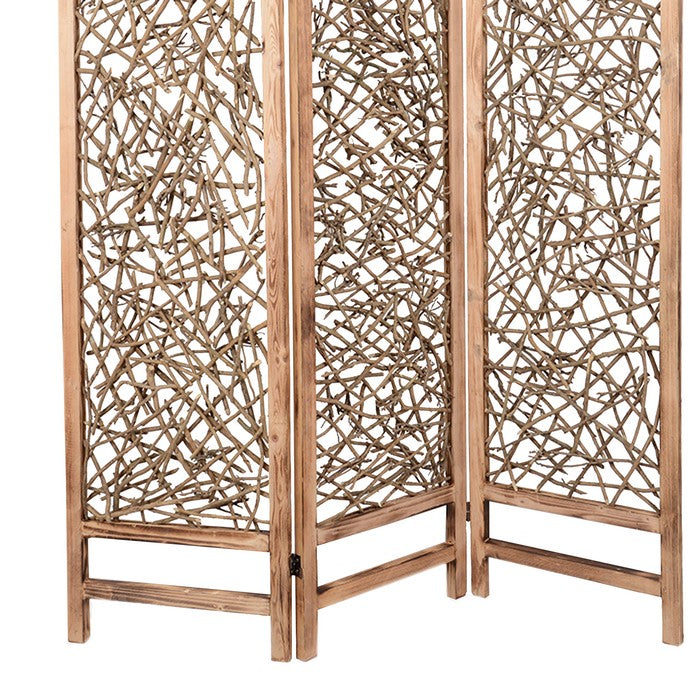 Contemporary 3 Panel Wooden Screen with Willow Branch Inset, Brown