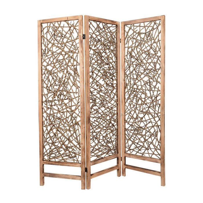 Contemporary 3 Panel Wooden Screen with Willow Branch Inset, Brown