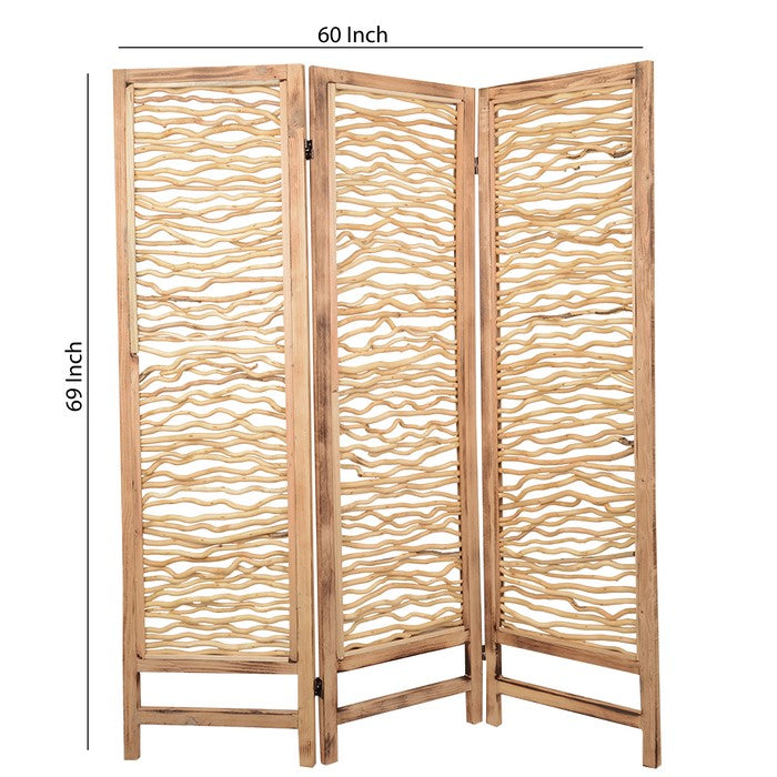 Contemporary 3 Panel Wood Screen with Horizontal Branch Design, Brown