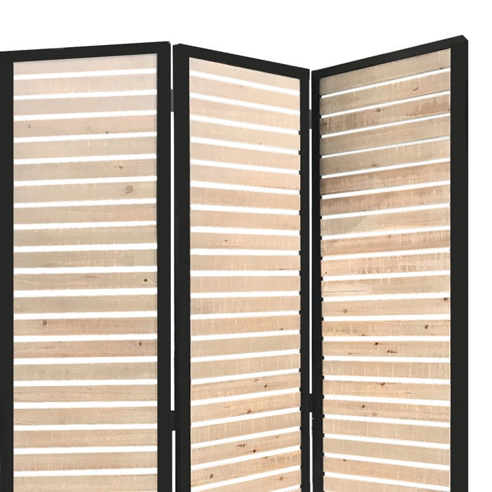 Metal Framed 3 Panel Screen with Wooden Horizontal Inset, Black & White