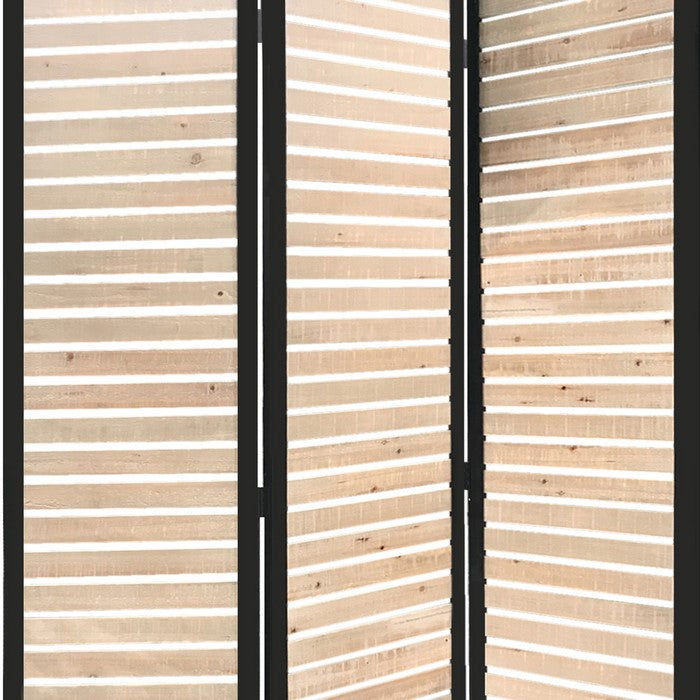 Metal Framed 3 Panel Screen with Wooden Horizontal Inset, Black & White