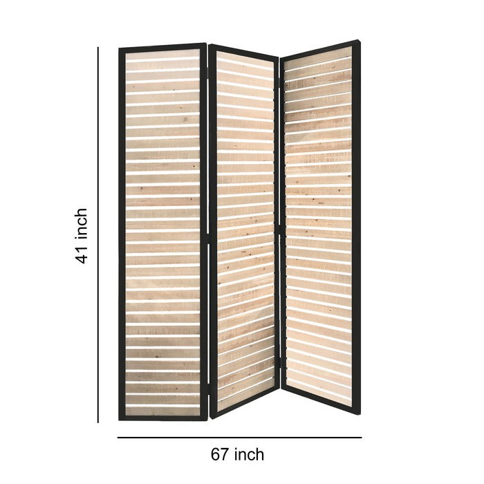 Metal Framed 3 Panel Screen with Wooden Horizontal Inset, Black & White