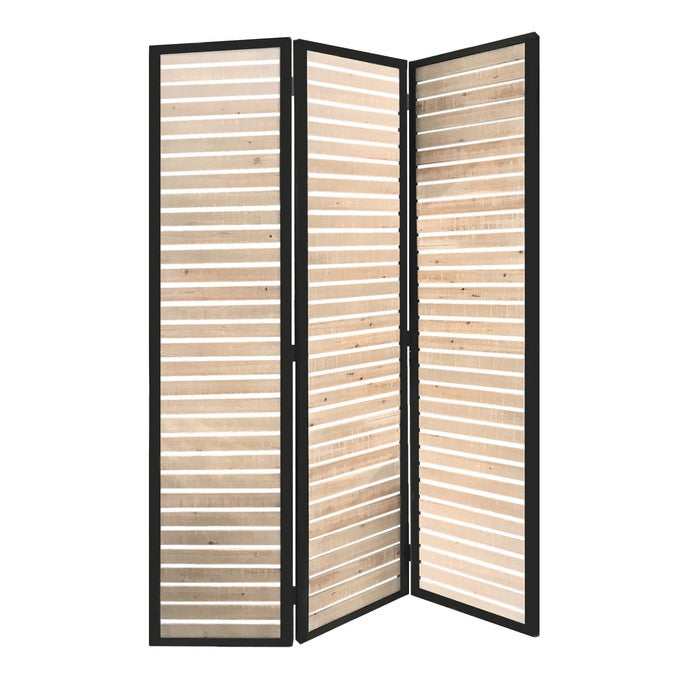 Metal Framed 3 Panel Screen with Wooden Horizontal Inset, Black & White
