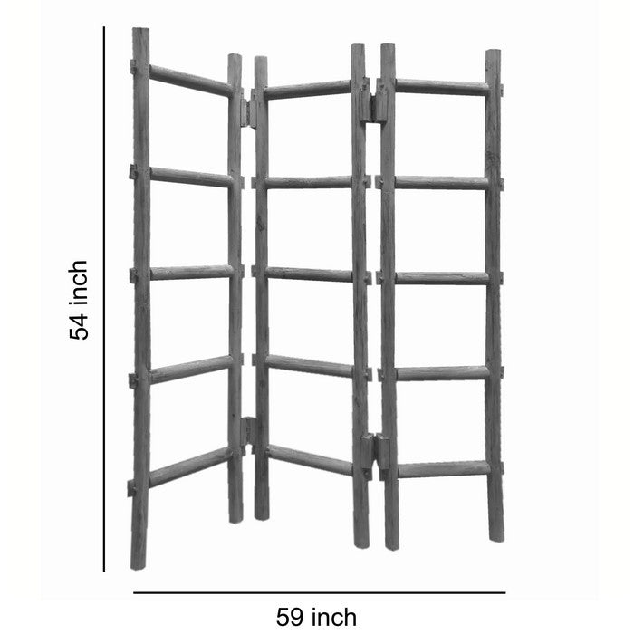 Contemporary 3 Panel Wooden Screen with Ladder Design, Gray