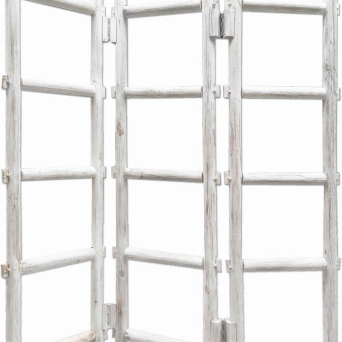 Contemporary 3 Panel Wooden Screen with Ladder Design, White