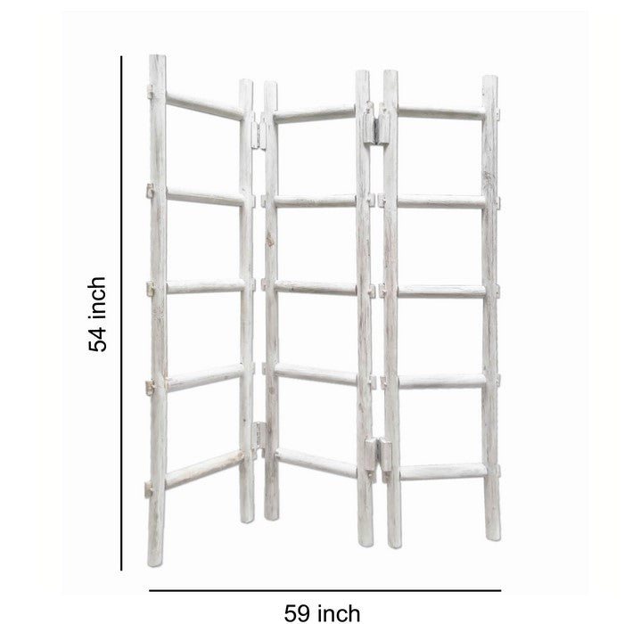 Contemporary 3 Panel Wooden Screen with Ladder Design, White