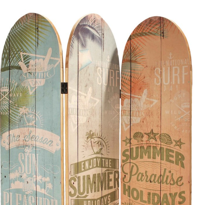 Contemporary 3 Panel Wood Screen with Beach Surfboard Design, Multicolor