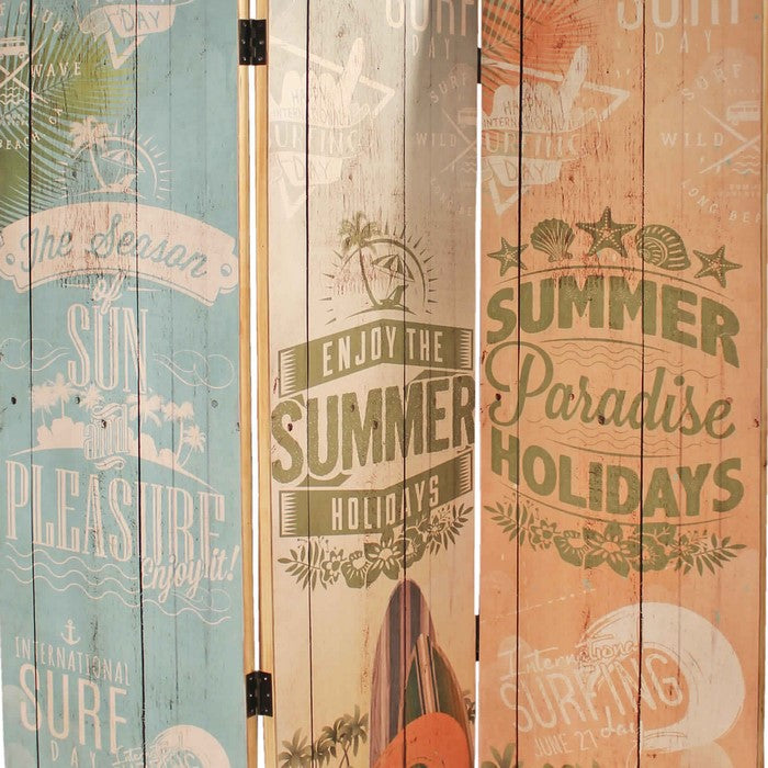 Contemporary 3 Panel Wood Screen with Beach Surfboard Design, Multicolor