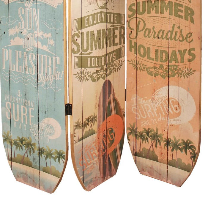 Contemporary 3 Panel Wood Screen with Beach Surfboard Design, Multicolor