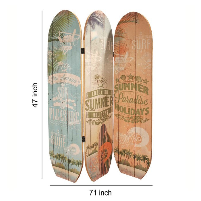 Contemporary 3 Panel Wood Screen with Beach Surfboard Design, Multicolor