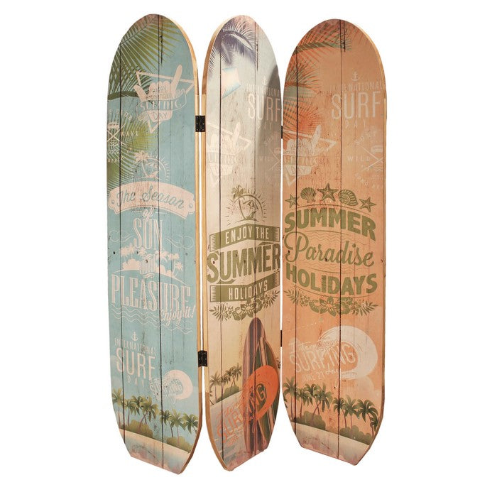 Contemporary 3 Panel Wood Screen with Beach Surfboard Design, Multicolor