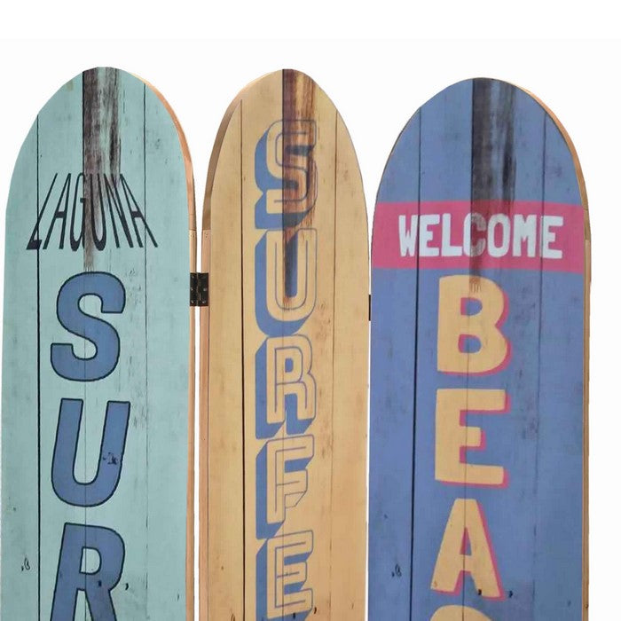 Contemporary 3 Panel Wood Screen with Surfboard Design, Multicolor