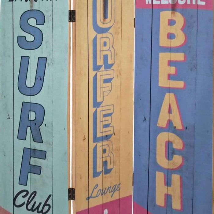 Contemporary 3 Panel Wood Screen with Surfboard Design, Multicolor