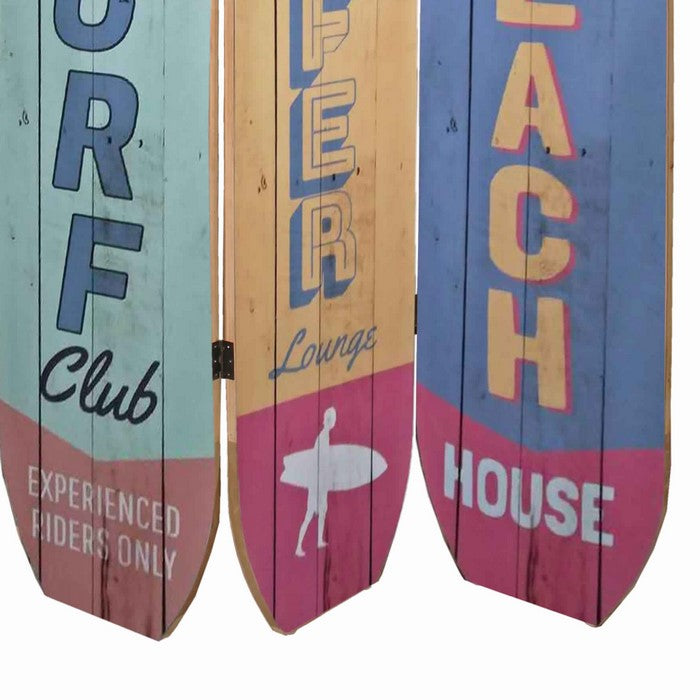 Contemporary 3 Panel Wood Screen with Surfboard Design, Multicolor