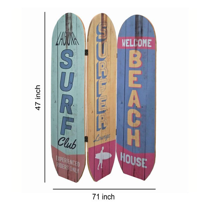 Contemporary 3 Panel Wood Screen with Surfboard Design, Multicolor