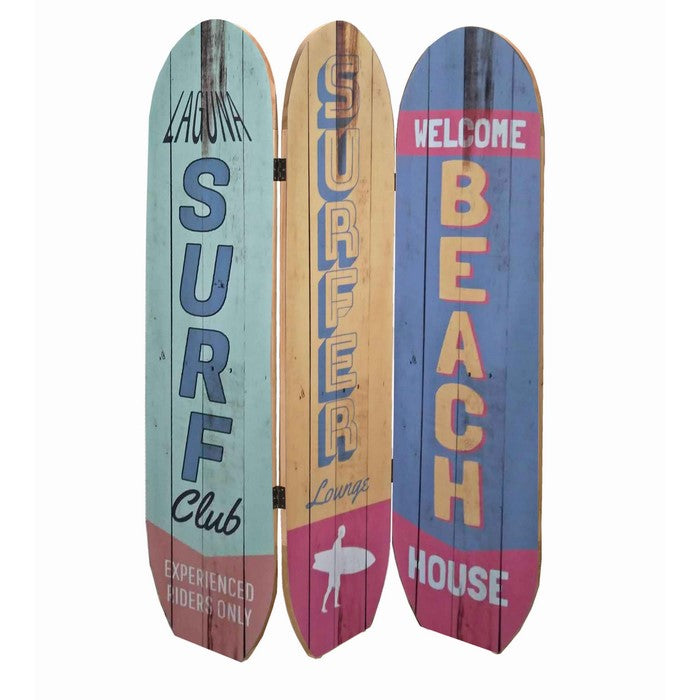 Contemporary 3 Panel Wood Screen with Surfboard Design, Multicolor