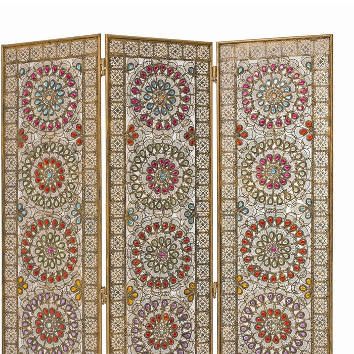 Royal 3 Panel Metal Screen with Decorated Gem Design, Multicolor