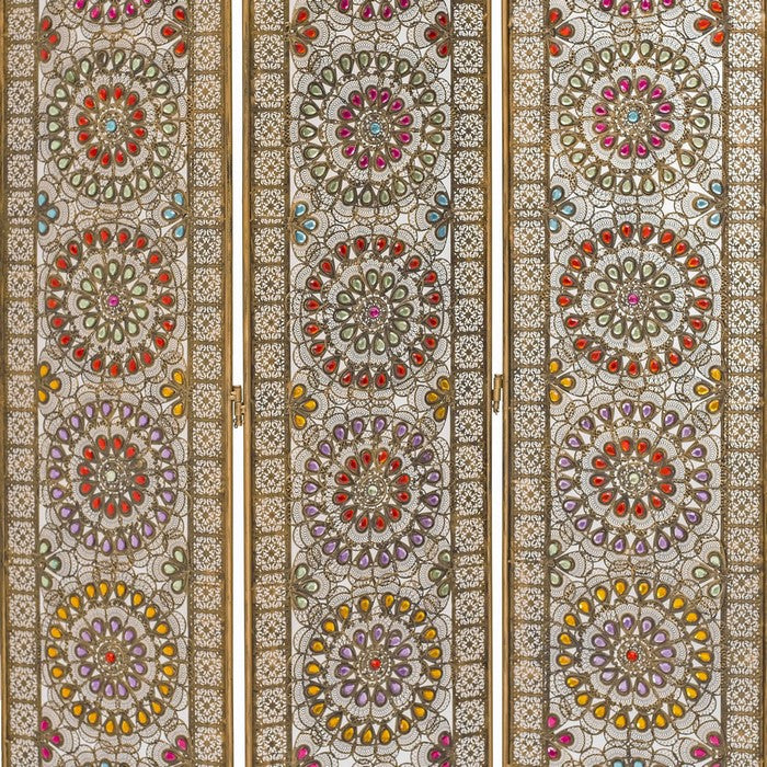 Royal 3 Panel Metal Screen with Decorated Gem Design, Multicolor