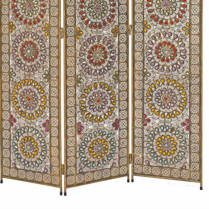 Royal 3 Panel Metal Screen with Decorated Gem Design, Multicolor
