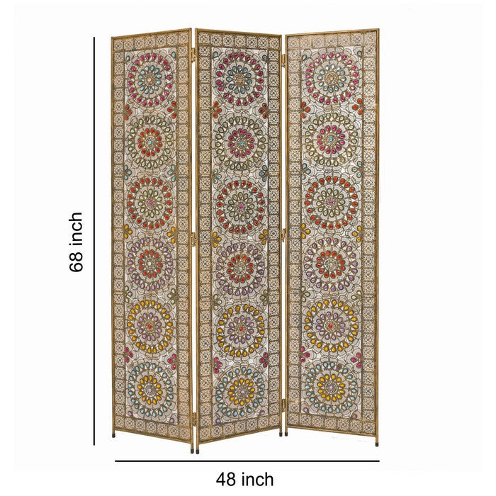 Royal 3 Panel Metal Screen with Decorated Gem Design, Multicolor