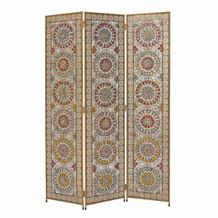 Royal 3 Panel Metal Screen with Decorated Gem Design, Multicolor