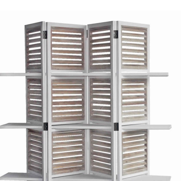 Contemporary 4 Panel Wooden Screen with Art Styled Shutter Design, White
