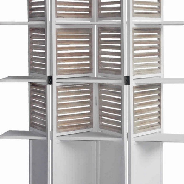 Contemporary 4 Panel Wooden Screen with Art Styled Shutter Design, White