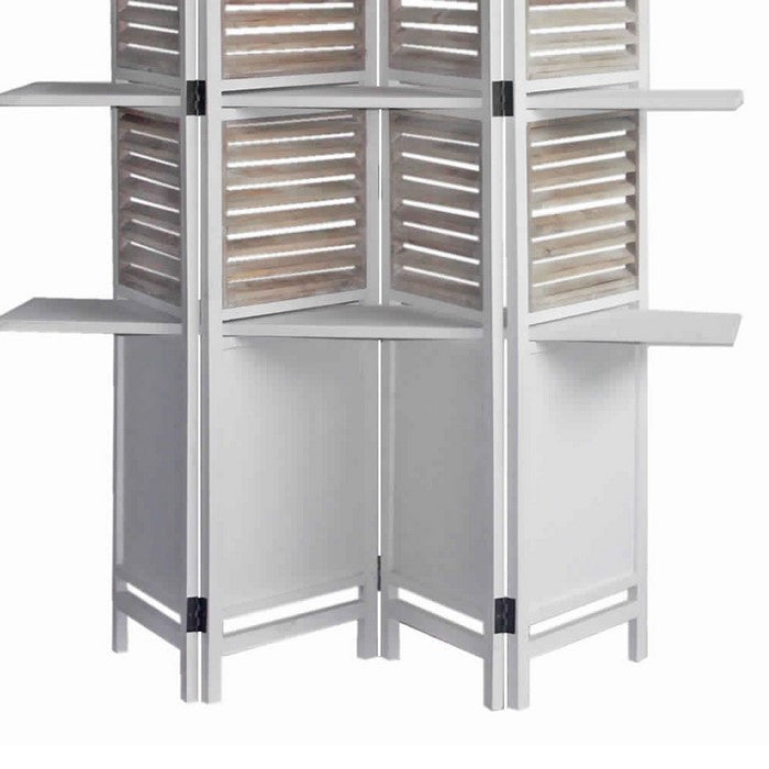 Contemporary 4 Panel Wooden Screen with Art Styled Shutter Design, White
